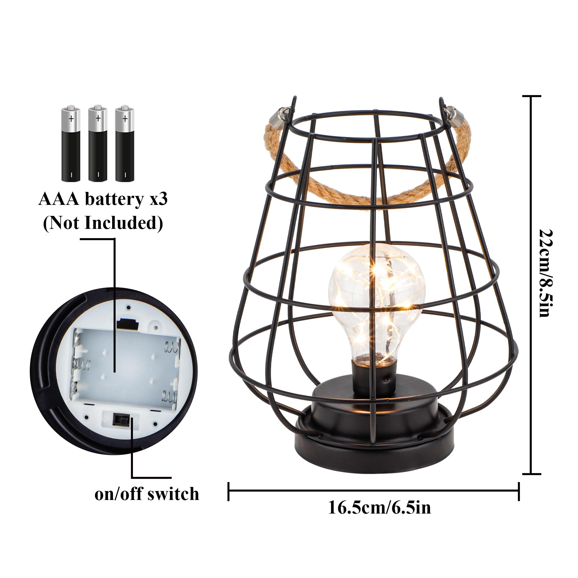JHY DESIGN Set di 2 lanterne decorative da tavolo a forma di gabbia, alte 22 cm, alimentate a batteria, senza fili, con luci bianche calde, lampadina LED Edison, per soggiorno, camera da letto, casa