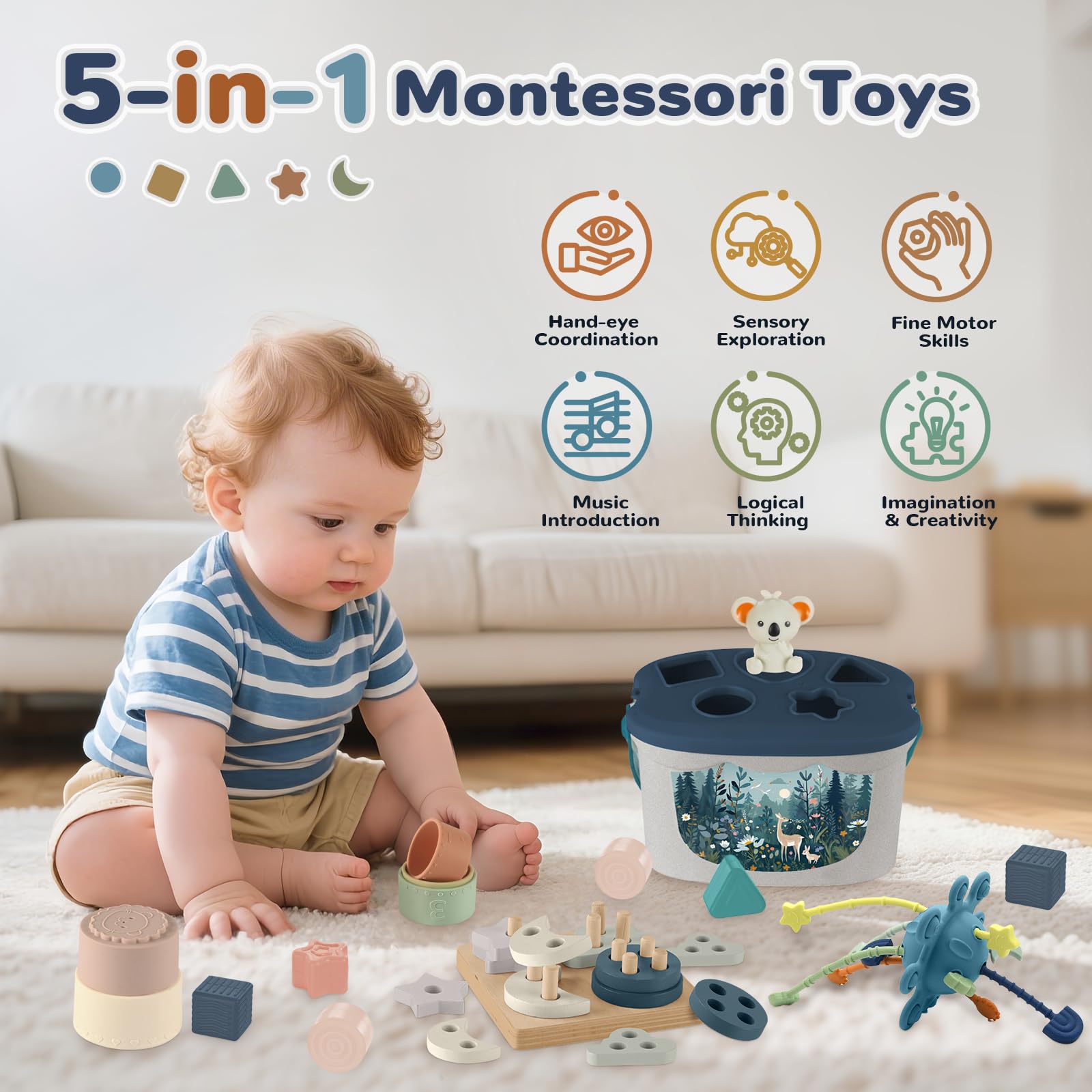 Baby Toys 6 to 12 Months, 5 in 1 Montessori Toys for Babies 6-12 Months, Sensory Toys with Shape Sorting & Stacking - Image 2