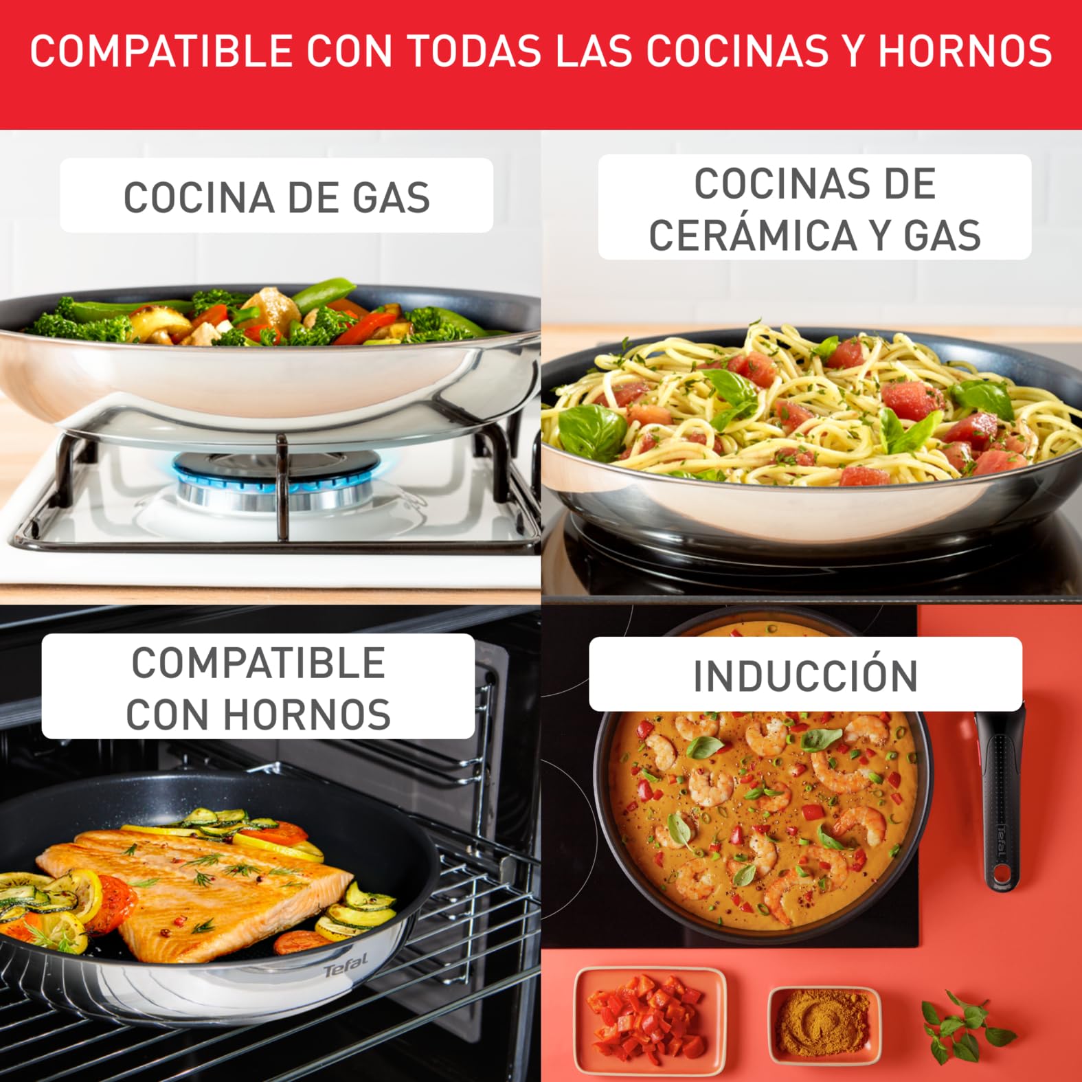 Tefal Ingenio Emotion, Juego de 3 sartenes 22/24/28 cm + mango extraíble, Apilables, Antiadherente, Thermo Signal, Aptas para inducción y horno