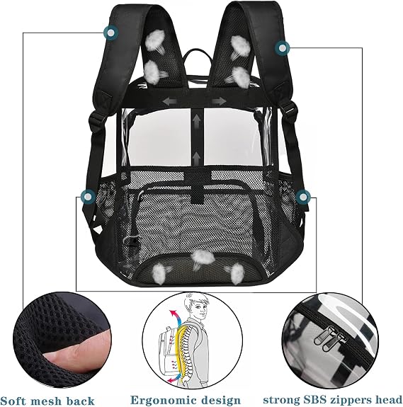 KUI WAN Clear Backpack Clear Bag Stadium Approved Heavy Duty See Through Backpack Waterproof University Transparent Backpack