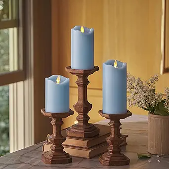 Matchless Candle Co. by Luminara Set of 3 (3" x 4.5",5.5",6.5") Flameless LED Flickering Battery Candle Moving Flame Pillar, Melted Edge, Real Wax Smooth Finish (Pastel Blue)