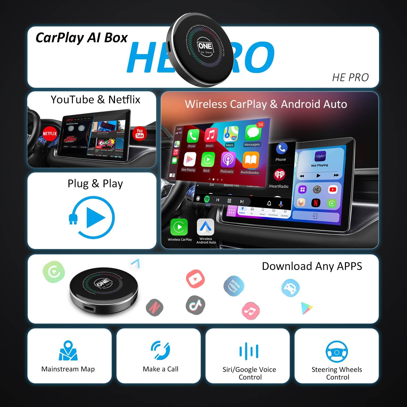 OneCarStereo CarPlay Ai Box HE Pro with Android 13 Octa-Core Chip