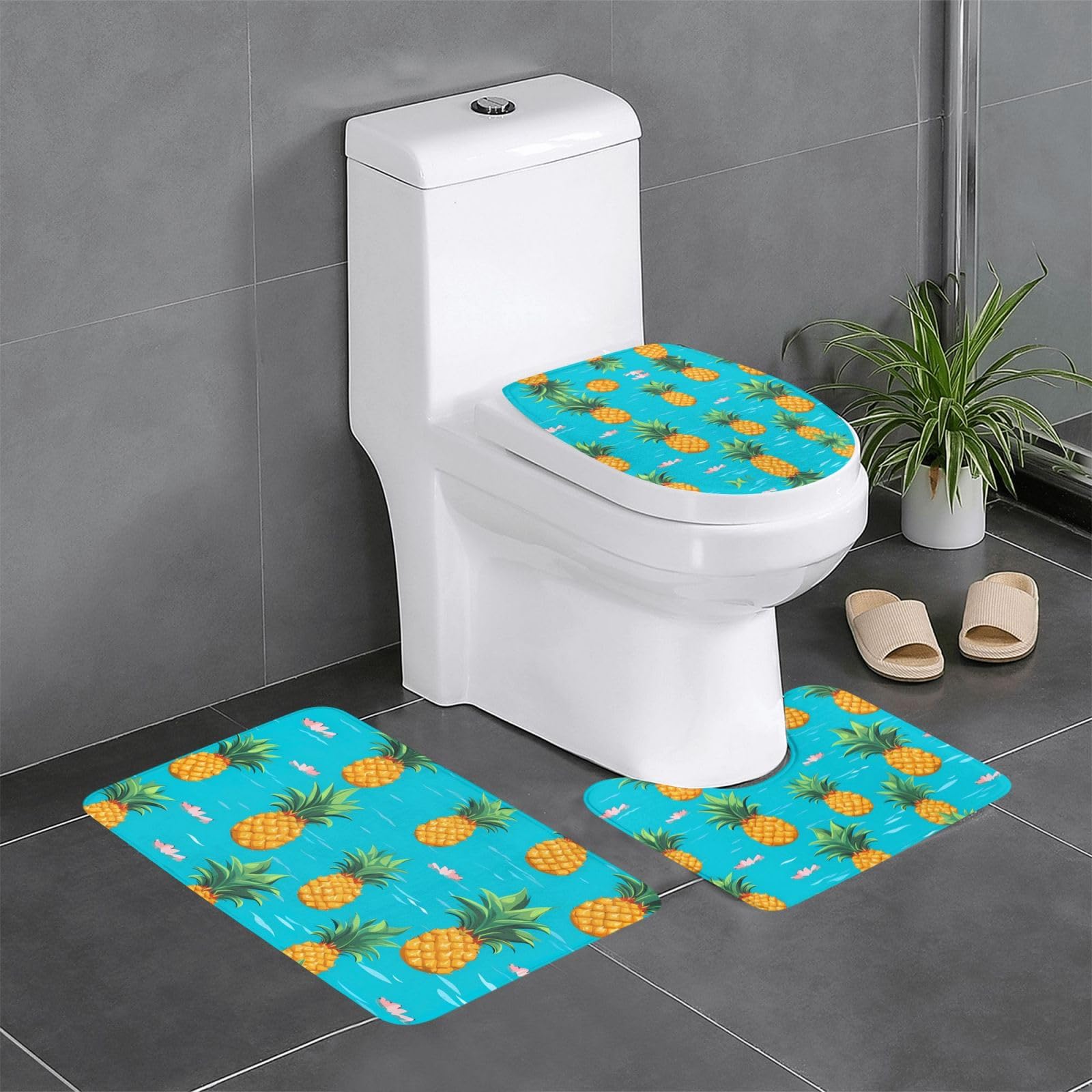 Tapis de salle de bain lot de 3 antidérapants motif ananas avec contour WC