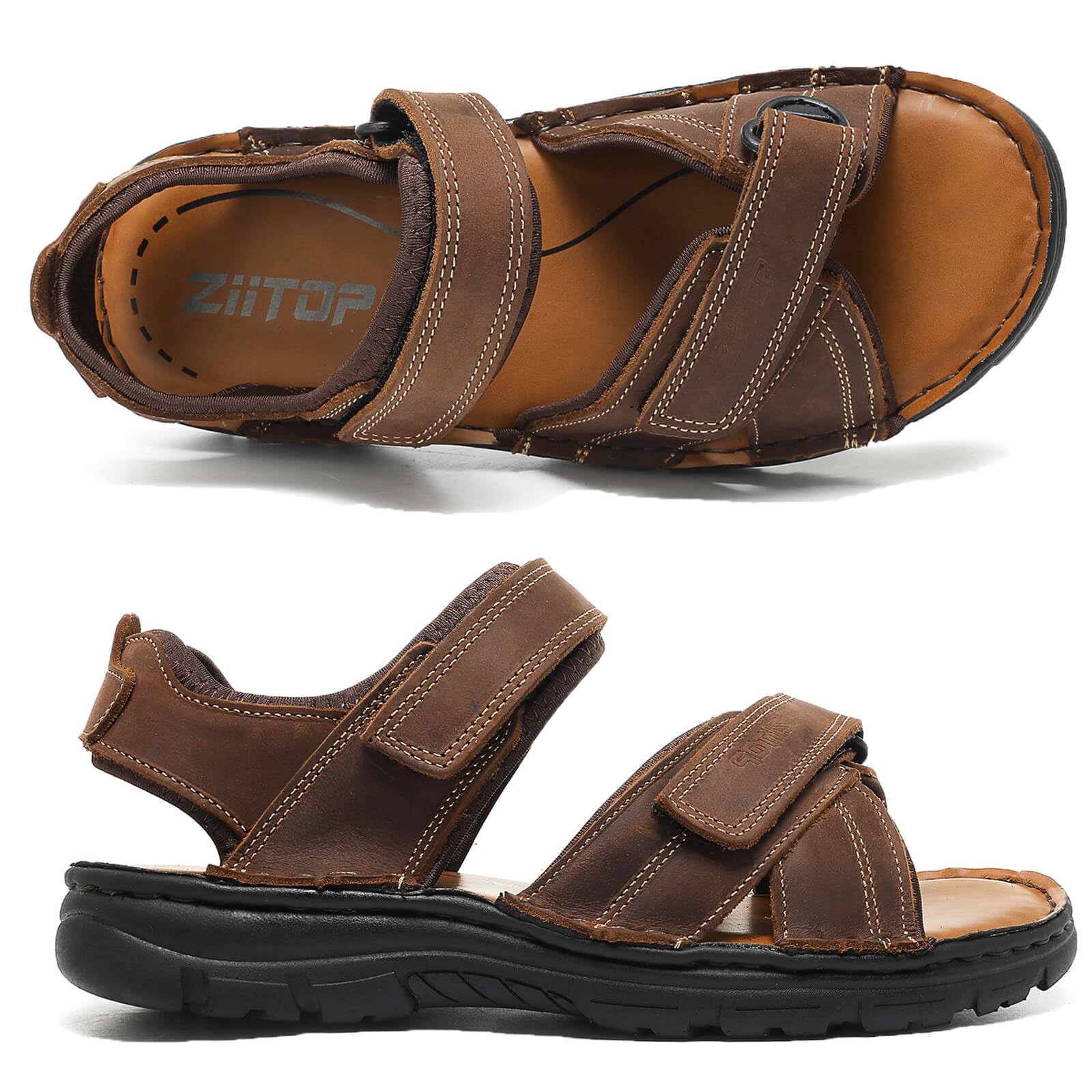 ziitop Herren Leder Sandalen Outdoor Trekkingsandalen Sommer Männer rutschfeste Leichte Trekkingschuhe Verstellbare Beach Sandalen