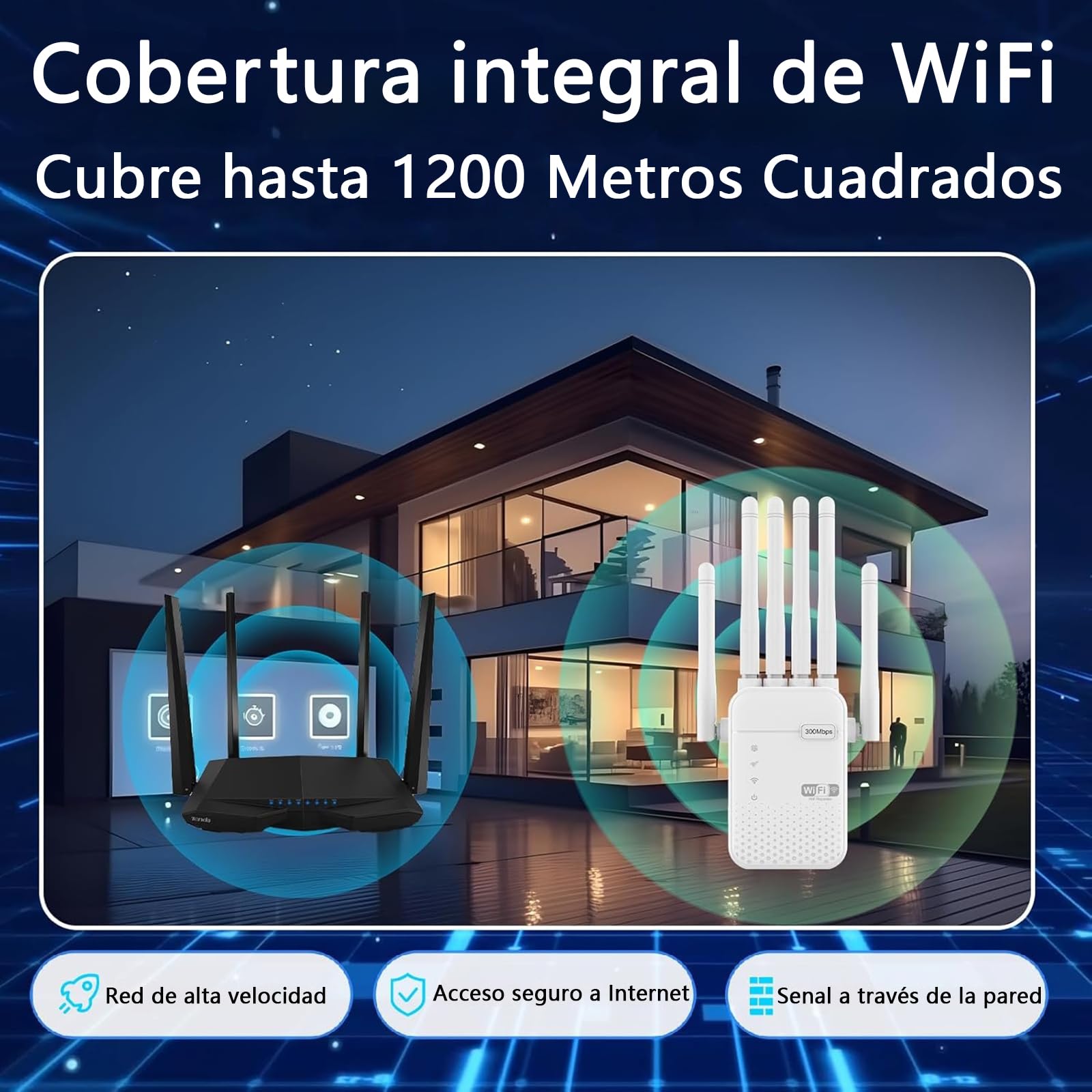 Repetidor WiFi Largo Alcance, Amplificador Señal WiFi, Señal Cobertura hasta 1200 m² para 50 Dispositivos, Extensor de WiFi con 6 Antenas, 2 Puertos Ethernet, Compatible con Todos los Routers — view 4