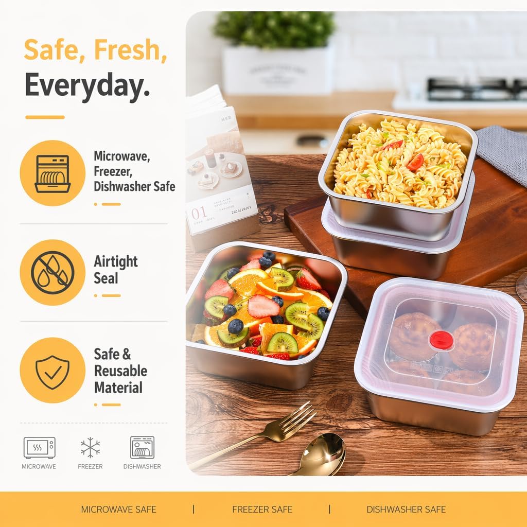 4 Pack Stainless Steel Sandwich Containers with Airtight Lids, 45oz Reusable Metal Lunch Box, BPA-Free Meal Prep Food Storage Containers, Dishwasher Safe for Snacks, Fruit & Leftovers