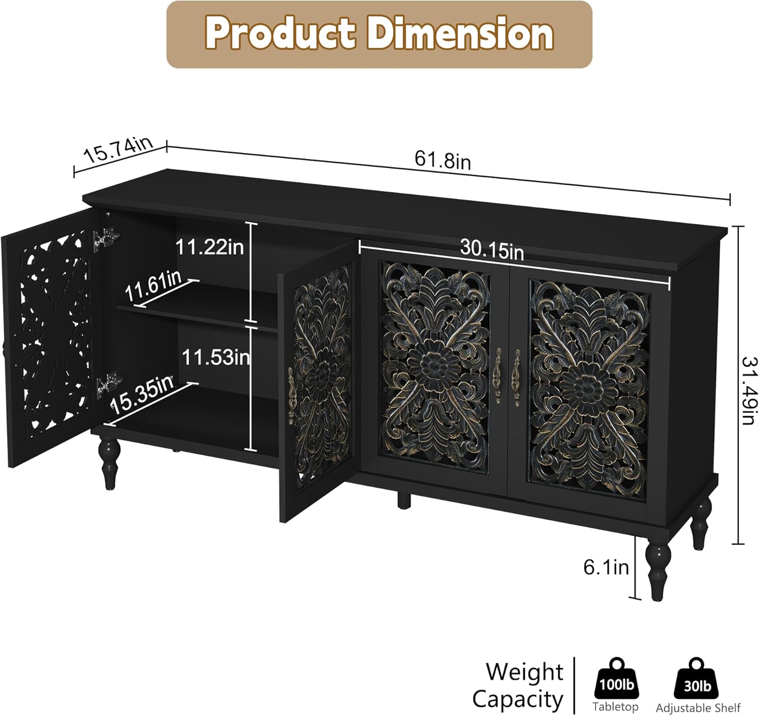 ARTPOWER 61.8" Hollow Carved Wood Accent Cabinet with 4 Doors, Vintage Sideboard Buffet with Adjustable Shelves, Credenza Storage for Living Room, Dining Room, Kitchen, Entryway, Hallway, Black