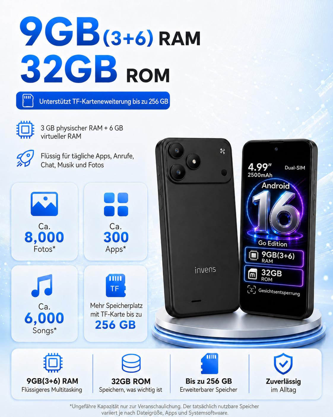 invens TK02 Smartphone Ohne Vertrag Günstig, Android 16 Go Handy, 5,0 Zoll, 9GB RAM (3+6) + 32GB ROM, 4G LTE, Dual SIM + TF 256GB, 8MP + 5MP Kamera, Abnehmbarer Akku, USB-C, 3,5 mm, Orange