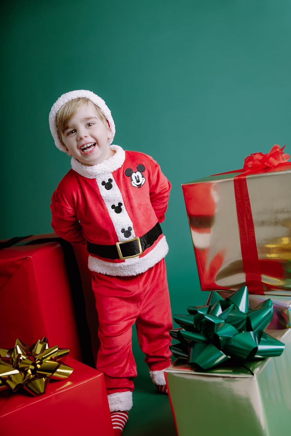 Disney Mickey Mouse Christmas Velour Sweatshirt, Pants & Santa Hat 3 Piece Set Newborn to Big Kid Sizes (0-3 Months - 10-12) - Image 2