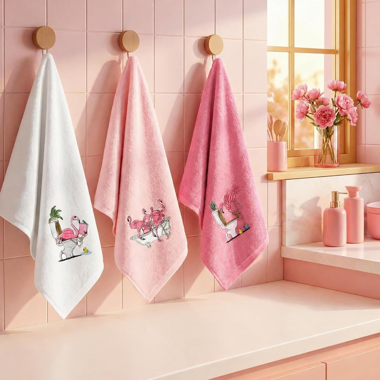 3 Pack Funny Flamingo Hand Towels for Bathroom 100% Cotton Hot Pink Bird Embroidered Kitchen Bath Towels Decor Soft Absorbent Flamingo Gifts for Women Bird Lovers Kitchen, 13.4 x 29 Inch