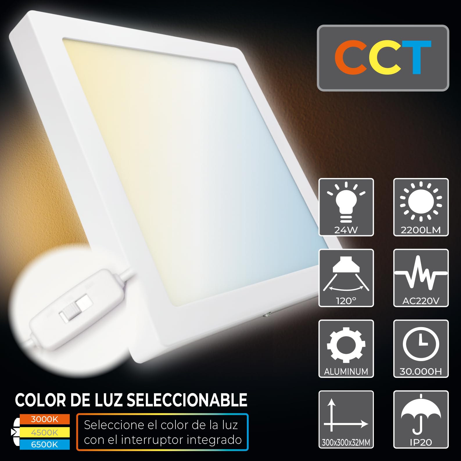 LED ATOMANT 4x Plafon LED Cuadrado Superficie 30x30cm 24W CCT 3000-6500K | Con Selector de color CCT, 2200 Lumenes, Driver incluido