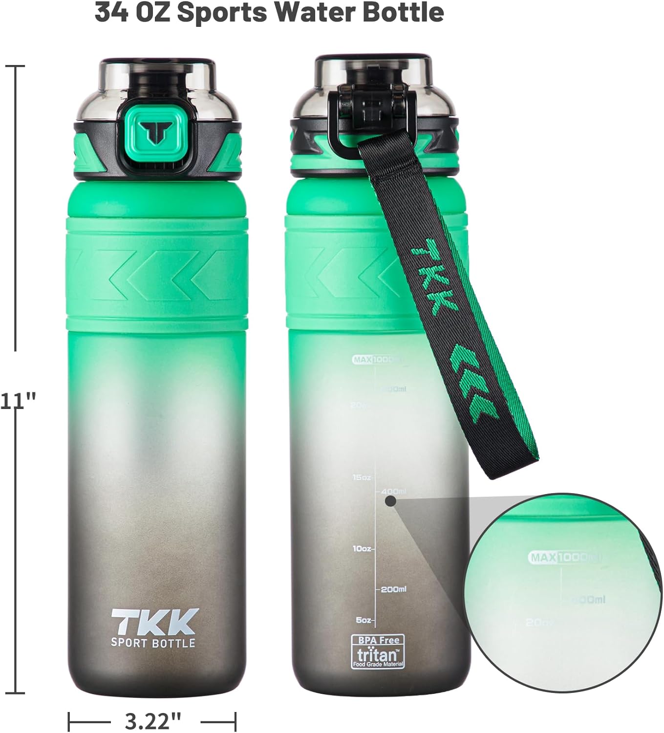 TKK Sports Water Bottles with Removable Straw 34 oz Leak-proof Flip Top Lid BPA Free Tritan Bottles with Strap for School, Fitness, Gym, Outdoor, Green-Black - Image 5