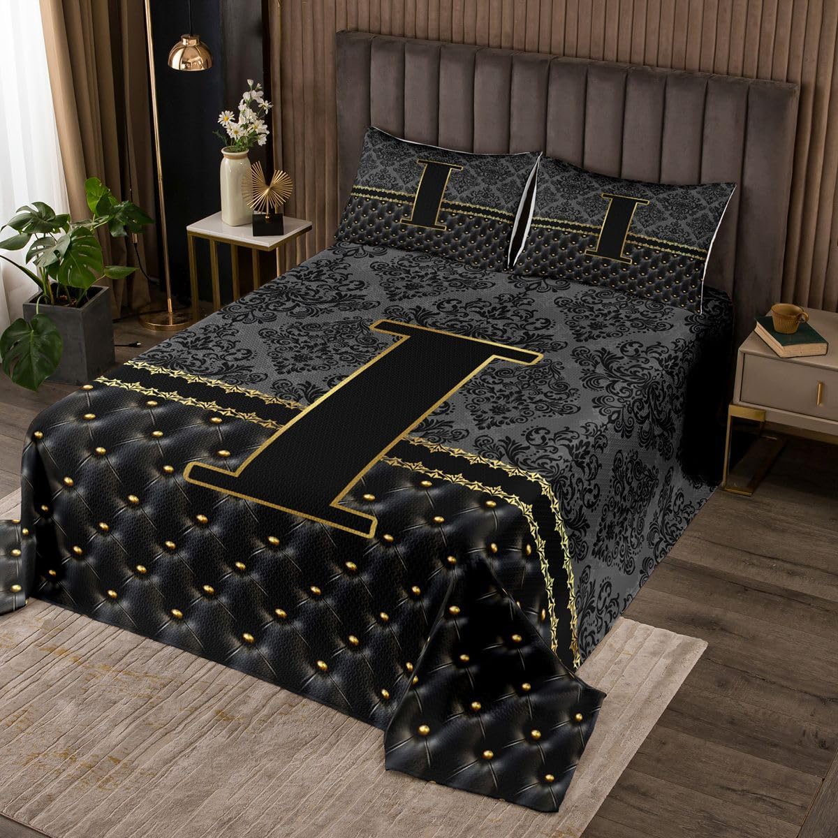 jejeloiu Black and Yellow Damask Bedspread Twin Size Personalized Initial Letter D Coverlet Set Floral Glitter Quilted Coverlet for All Season with 1 Pillowcase Jacquard Microfiber Lightweight
