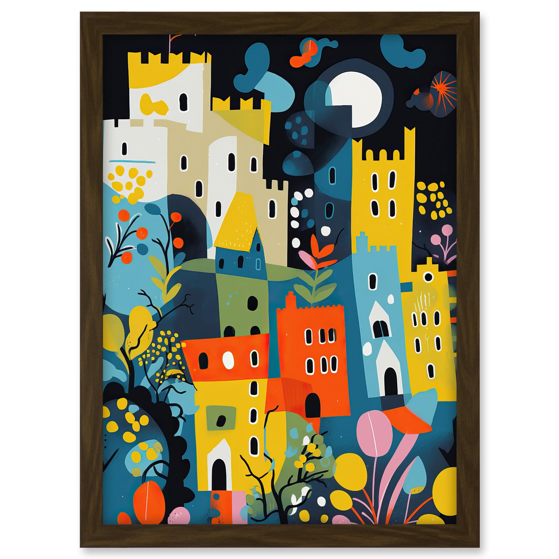 Artery8 Nottingham at Night Abstract Folk Art Cityscape Artwork Framed A3 Wall Art Print