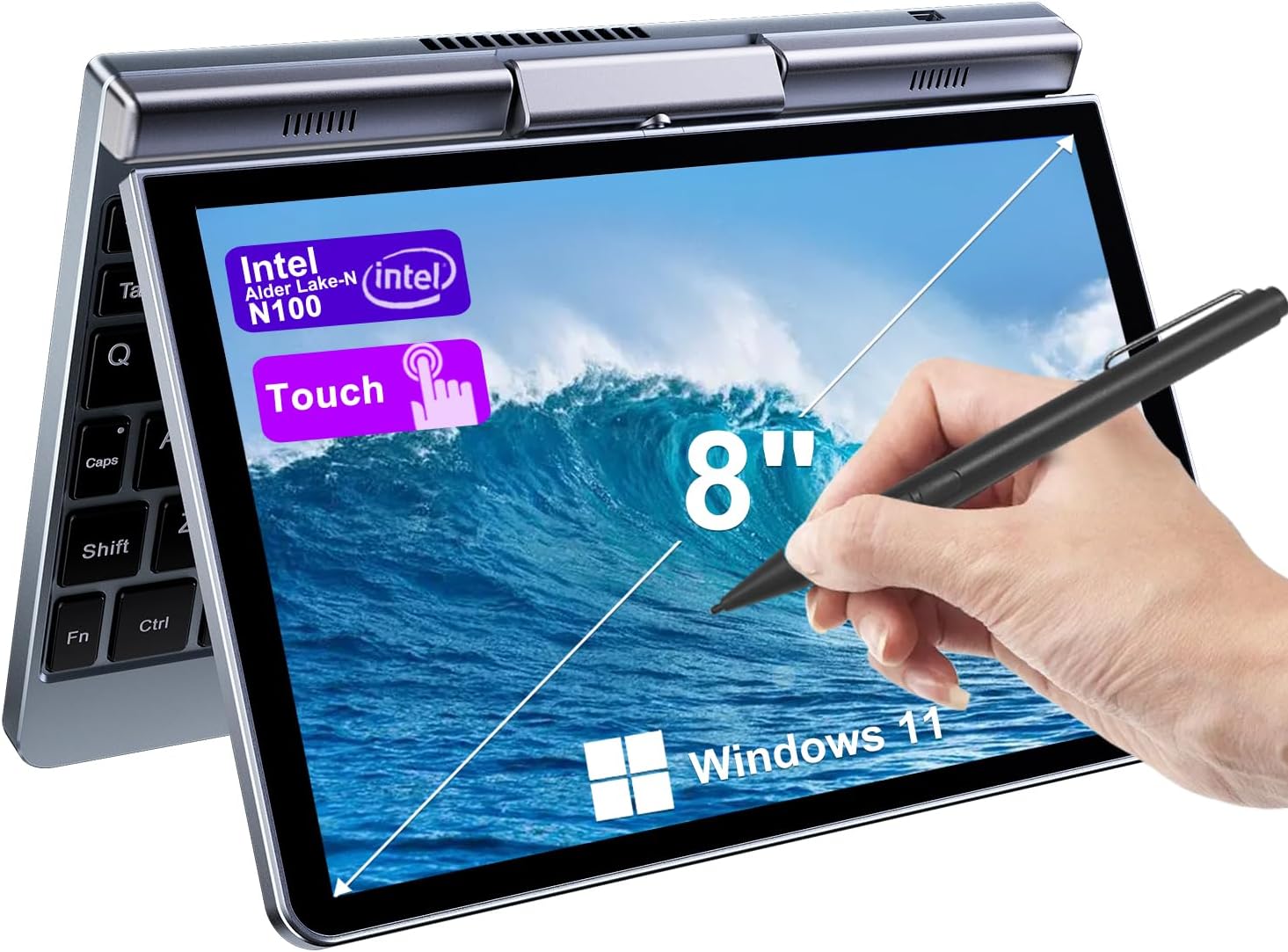 Crelander 2-in-1 Mini Laptop | 8-Inch Touchscreen Portable Small Pocket Computer | Intel 12th Gen N100 Processor | 12GB DDR5 RAM 1TB SSD | PD 30W Charging | WiFi6 BT5.2 |Backlit Keyboard |Windows 11