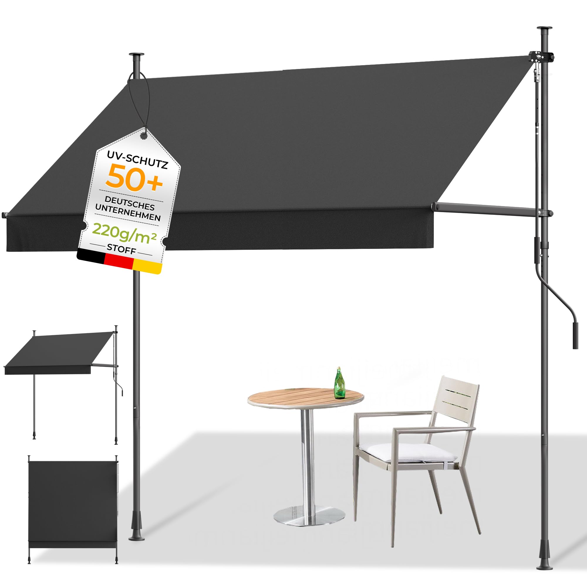 HOMEDEMO Klemmmarkise mit Einstellbare Handkurbel, Balkonmarkise ohne Bohren, Markise Sonnenschutz, UV-beständig & höhenverstellbar für Outdoor, Terrasse, Balkon, Garten