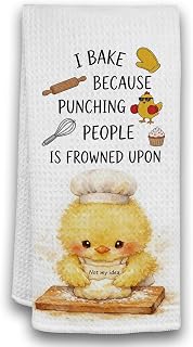 Funny Chicken Kitchen Towels - I Bake Because Punching People is Frowned Upon, Sarcastic Baking Decor, Waffle Weave Hand Towels, Gag Gifts for Bakers, 16x24 Inch