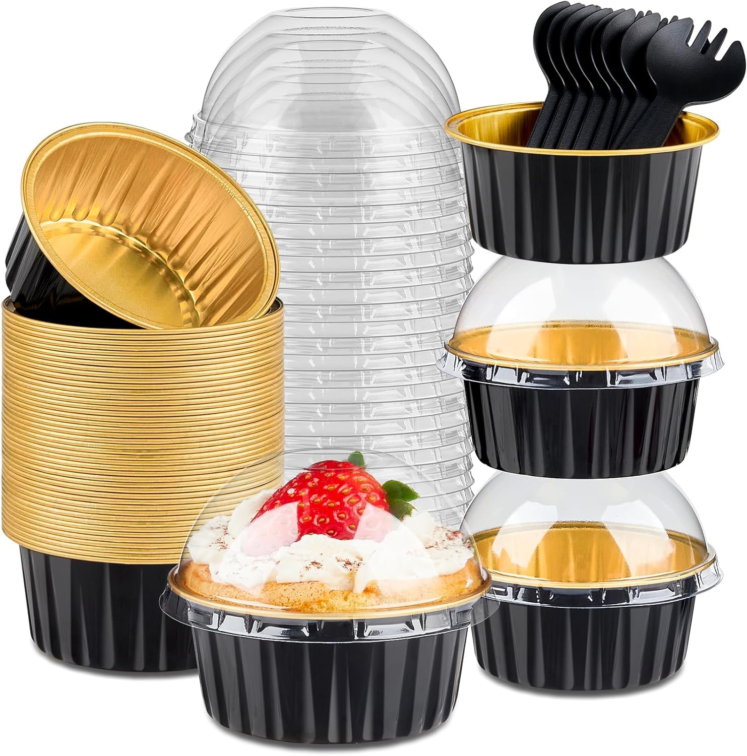 KAHEIGN 50 Pezzi Mini Teglie per Pane con Coperchi e Cucchiai, 150ml Pentole Rotonde in Foglio di Alluminio con Adesivo Sigillante per Pane Torta Nozze Compleanno Picnic Festa (Oro Nero)