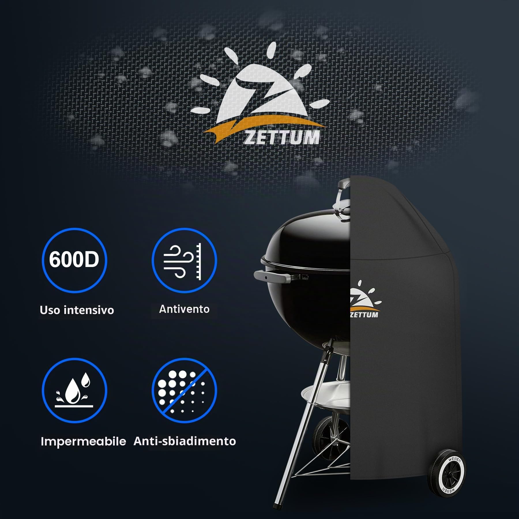 Zettum Copertura Barbecue per Weber 57 cm, Copri da Esterno BBQ Impermeabile, Telo Protettivo Carbone 600D Oxford in PU per Master Touch, Griglia Originale per Bollitore (Φ63 x 88 cm)
