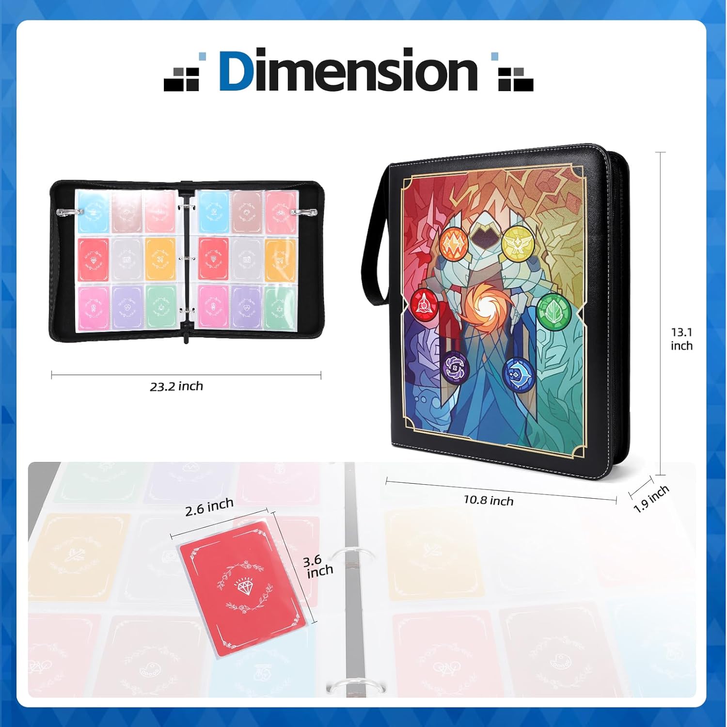 Trading Card Binder 9 Pocket, Card Album with 50 Sleeves, Holds Up to 900 Cards, PU Leather Waterproof Card Holder with Zipper & Wrist Strap, 3-Ring Binder for TCG, Sports Cards, Game Cards
