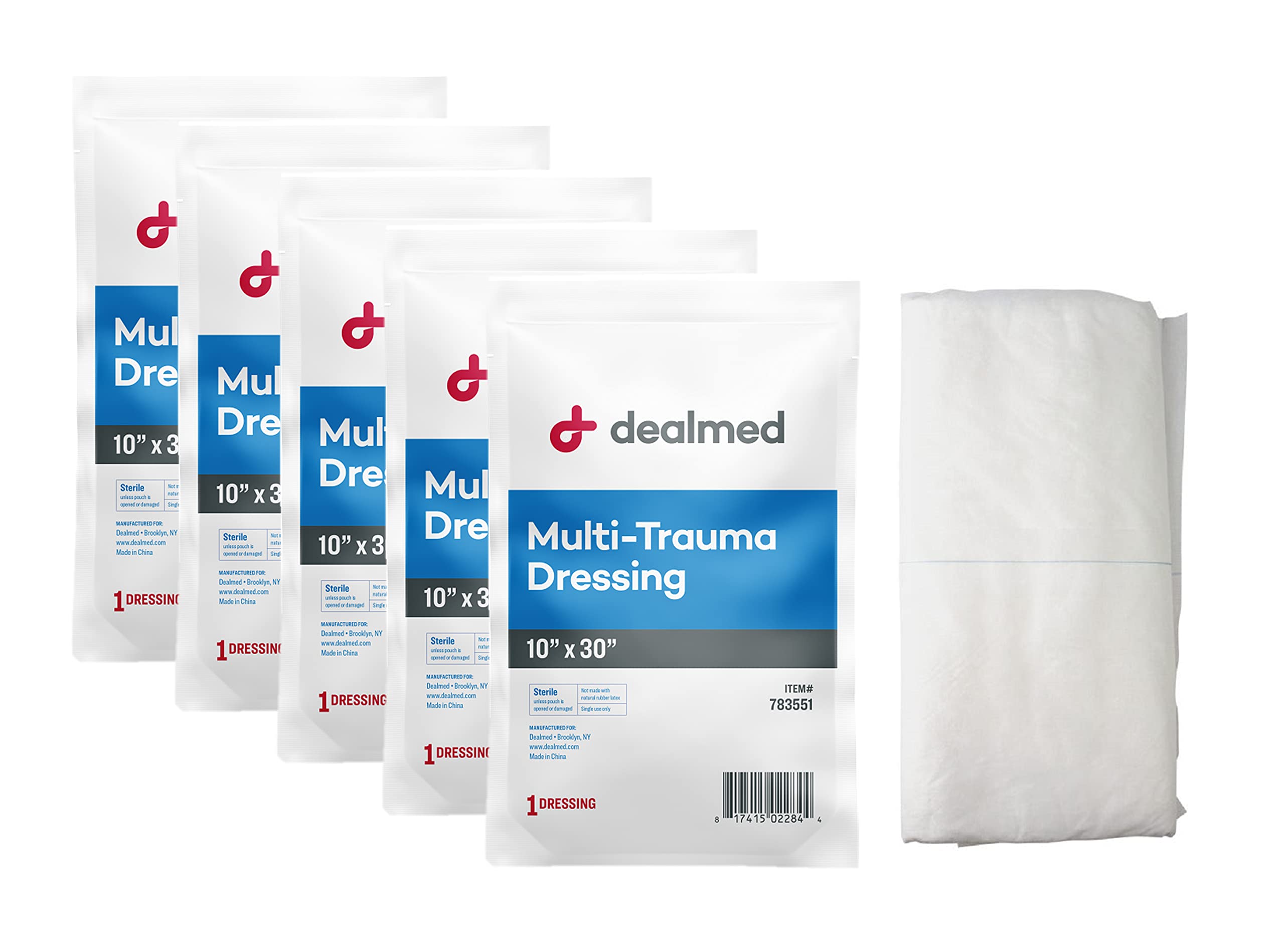 Dealmed 10" x 30" Multi-Trauma Dressing – Sterile Emergency Oversized Pad, Superior Absorbency, Protection and Padding, Wound Care Product for First Aid Kit (Pack of 5)