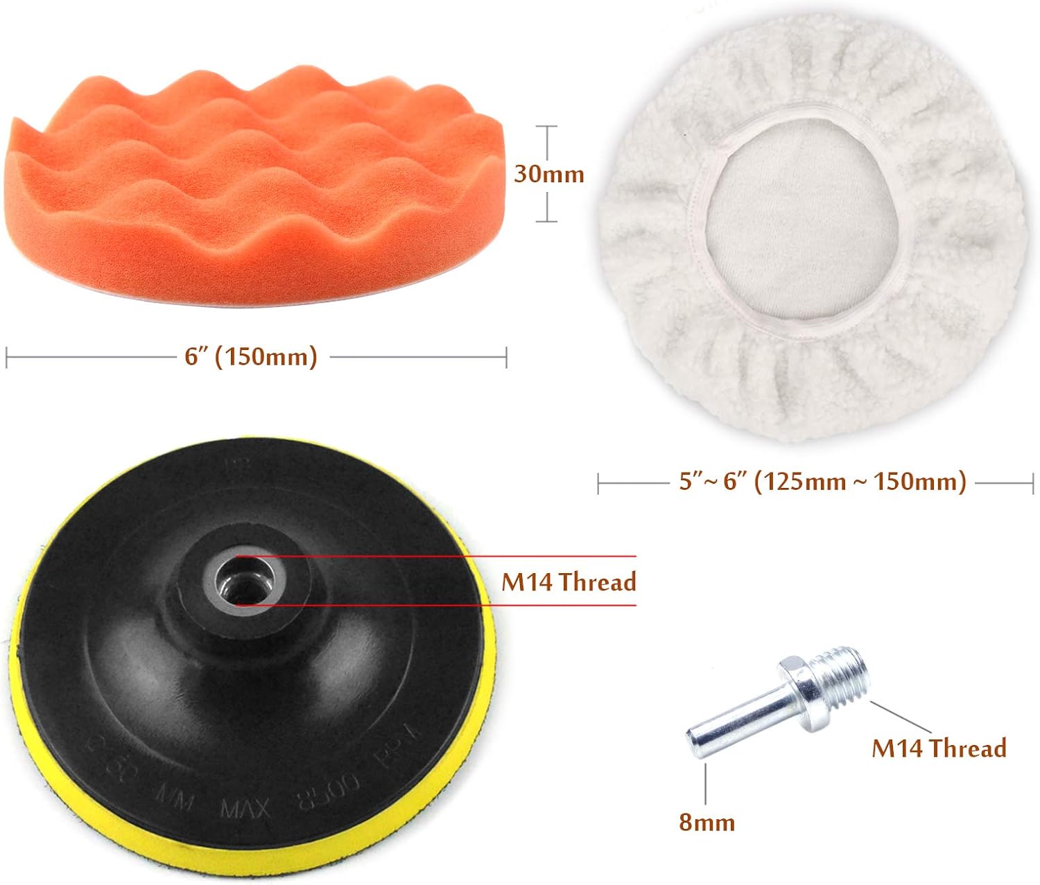 POLIWELL 6 Inch Car Polishing & Buffing Sponge Pads Kit Wool Bonnet Pads for Household Electric Drill and Auto Polisher with 8mm M14 Drill Adapter for Washing Cleaning Waxing Dusting, 11PCS : Automotive