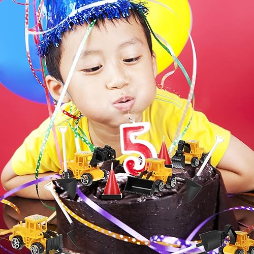 Miniatura 4 de Yerliker Juego de 24 piezas de decoración de fiesta de construcción, velas de pastel en forma de cono de construcción, 6 excavadoras de camiones, 12