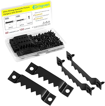 60 Pack Sawtooth Picture Hangers with 120Pcs Screws,2 Sizes Picture Hanging kit for Hanging Wooden Frames Painting Photos Artwork Clock