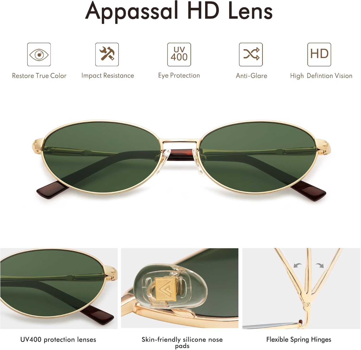Retro Oval Sunglasses for Women Mens with Spring Hinge Sunnies AP3696 C2 Gold / Green image 3 of 5 B0D665ZLXT