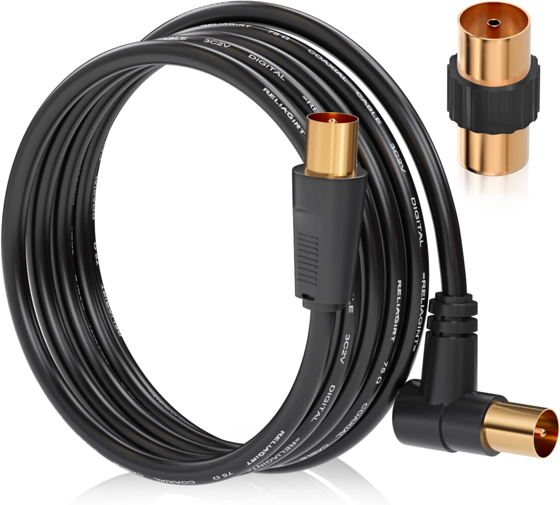 TV Aerial Cable 5m, 75 Ohm Coaxial Lead, IEC 9.5mm Male to Male 3C2V Pure Copper Dual Shielded, Right-Angle Connector, Female to Female Adaptor Included, Black