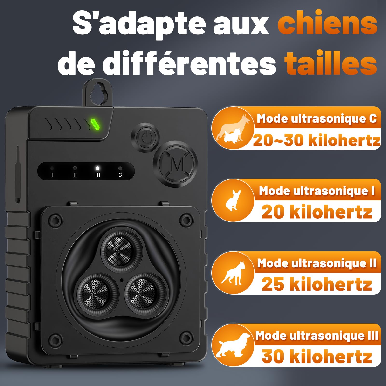 Appareil anti-aboiement à ultrasons pour chiens de taille moyenne et grande - 3 fréquences - Étanche IP45 - Anti-aboiement pour chiens - Intérieur et extérieur - Noir