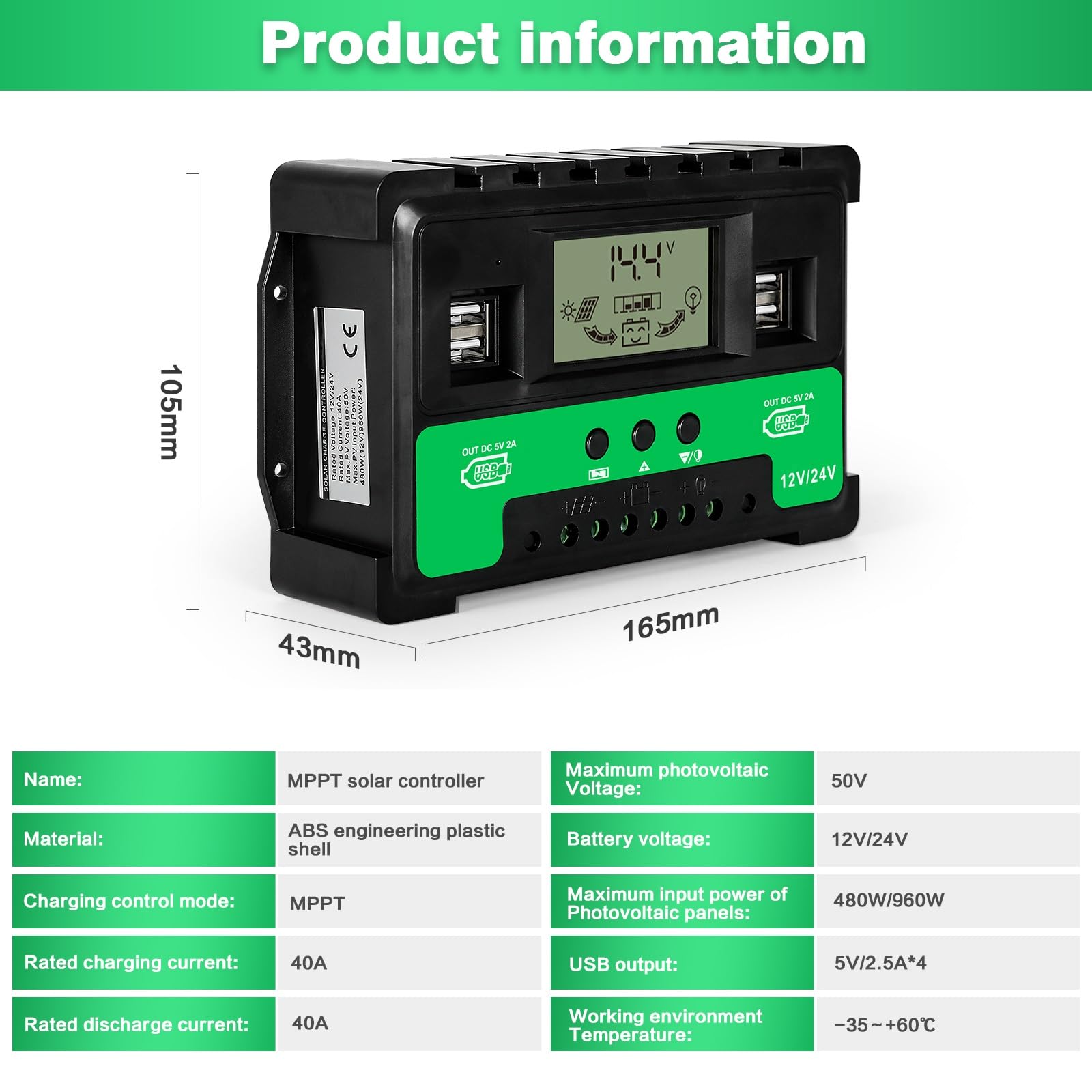 DEWIN Sterownik solarny, MPPT, regulator ładowania solarnego, 4 porty USB, 12 V, 24 V, regulator ładowarki akumulatora do akumulatora kwasowo-ołowiowego (40 A)