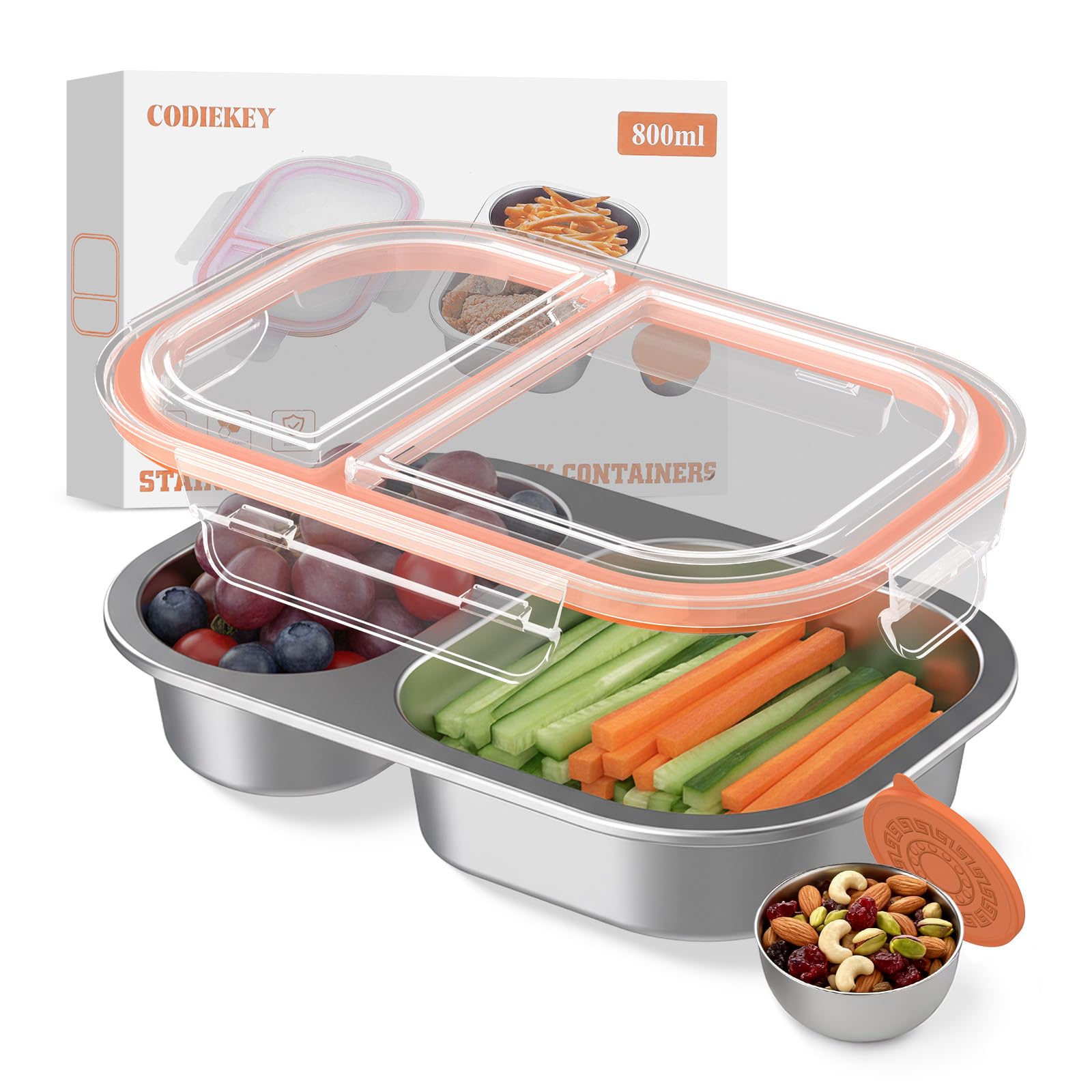 CODIEKEY Snackle Box Container,Dishwasher,Reusable Snack Containers With Lids,2 Compartment Stainless Steel Snack Containers,Fruits, Snacks,Nuts,Salad
