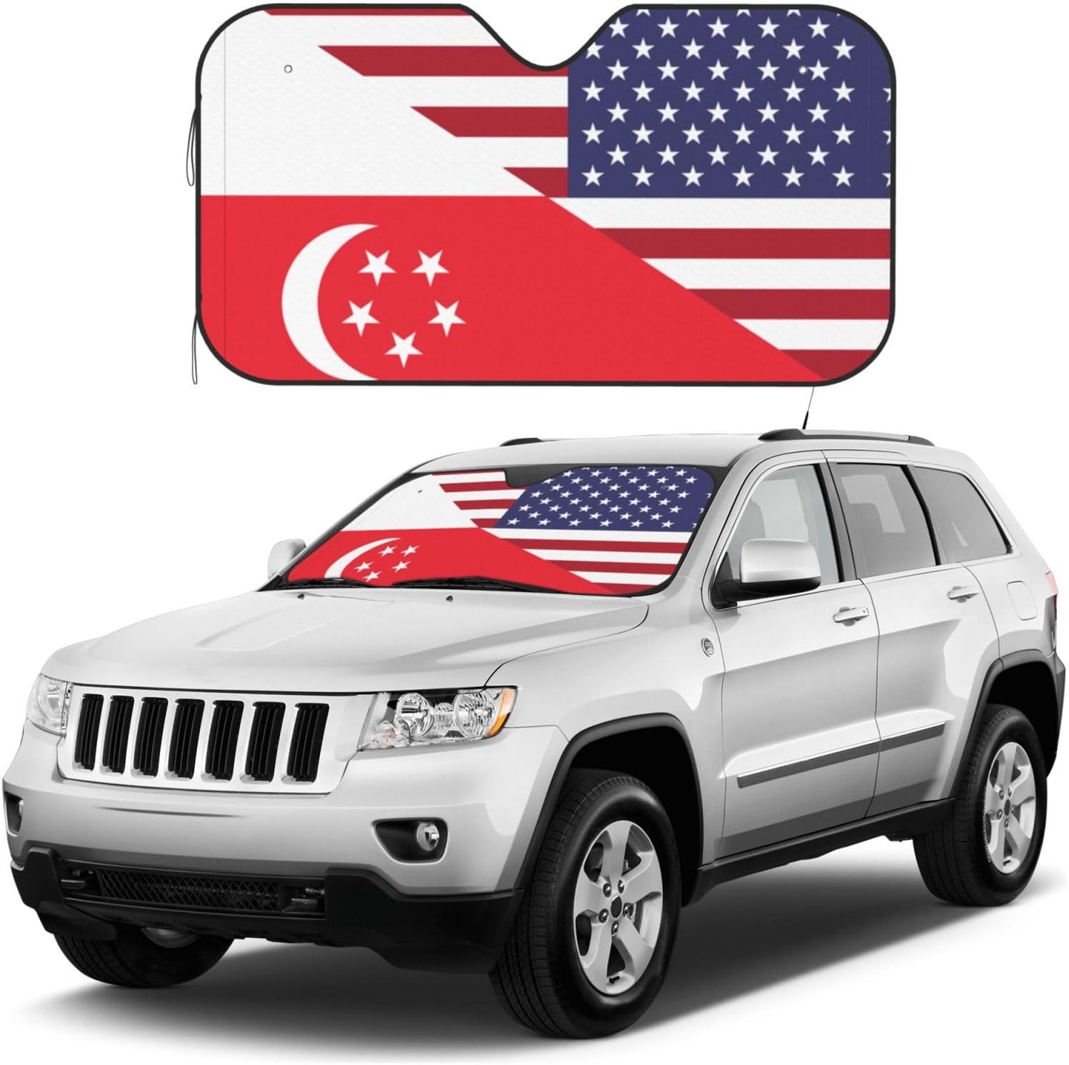 America Singapore Friendship Flag Foldable Car Windshield Sunshade Blocks Heat and Sun Glare Uv Rays
