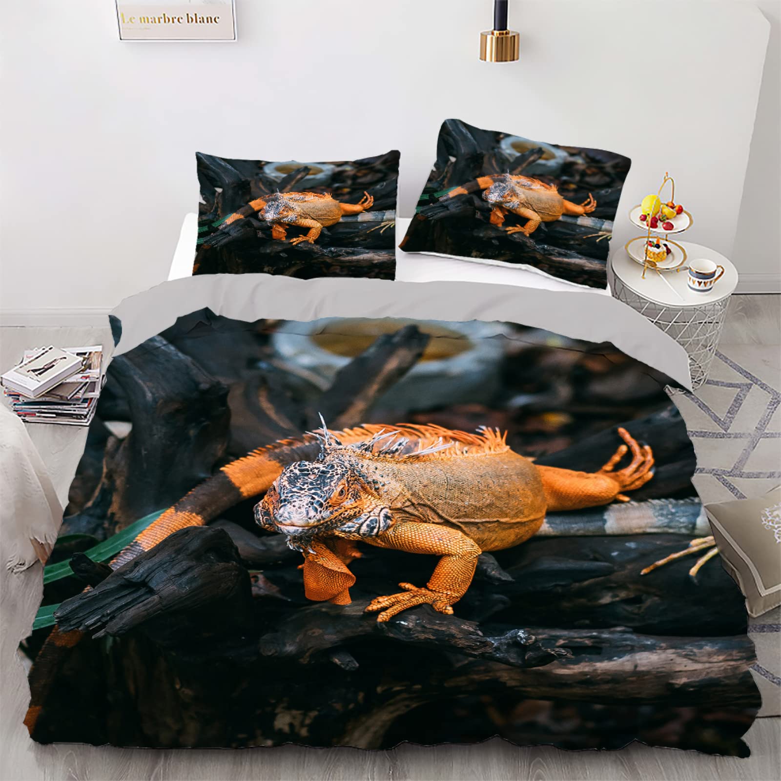 Linge de lit 220x240 noir motif animal housse de couette zippée et taies d'oreiller