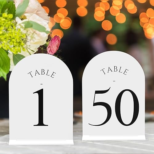 Miniatura 96 de JOYIT Números de mesa de boda de arco del 1 al 30 con soportes: letreros acrílicos impresos de doble cara de 5 x 7 pulgadas con fondo negro y texto