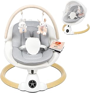 Baby Bouncer, Portable Electric Baby Swing with Bluetooth, 5 Swing Speed, 10 Lullabies, 5-Point Harness, Remote Control & Touch Panel - Bouncer from Birth for Indoor & Outdoor Use(Wood)