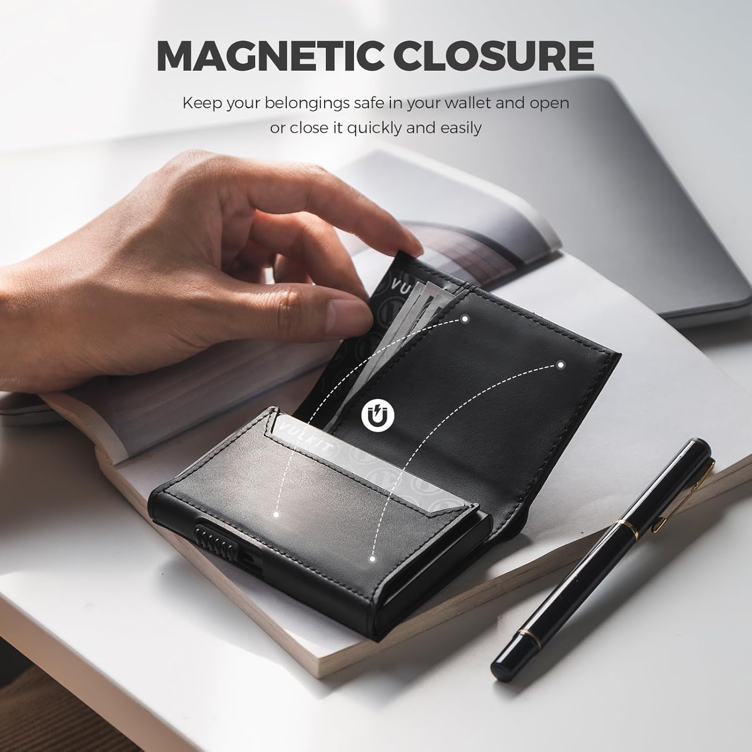 VULKIT Trifold Pop Up Men Wallet Leather RFID Blocking Credit Card Holder Metal Card Case, Hold 10 Cards and Bills, Black, Minimalist - Image 6