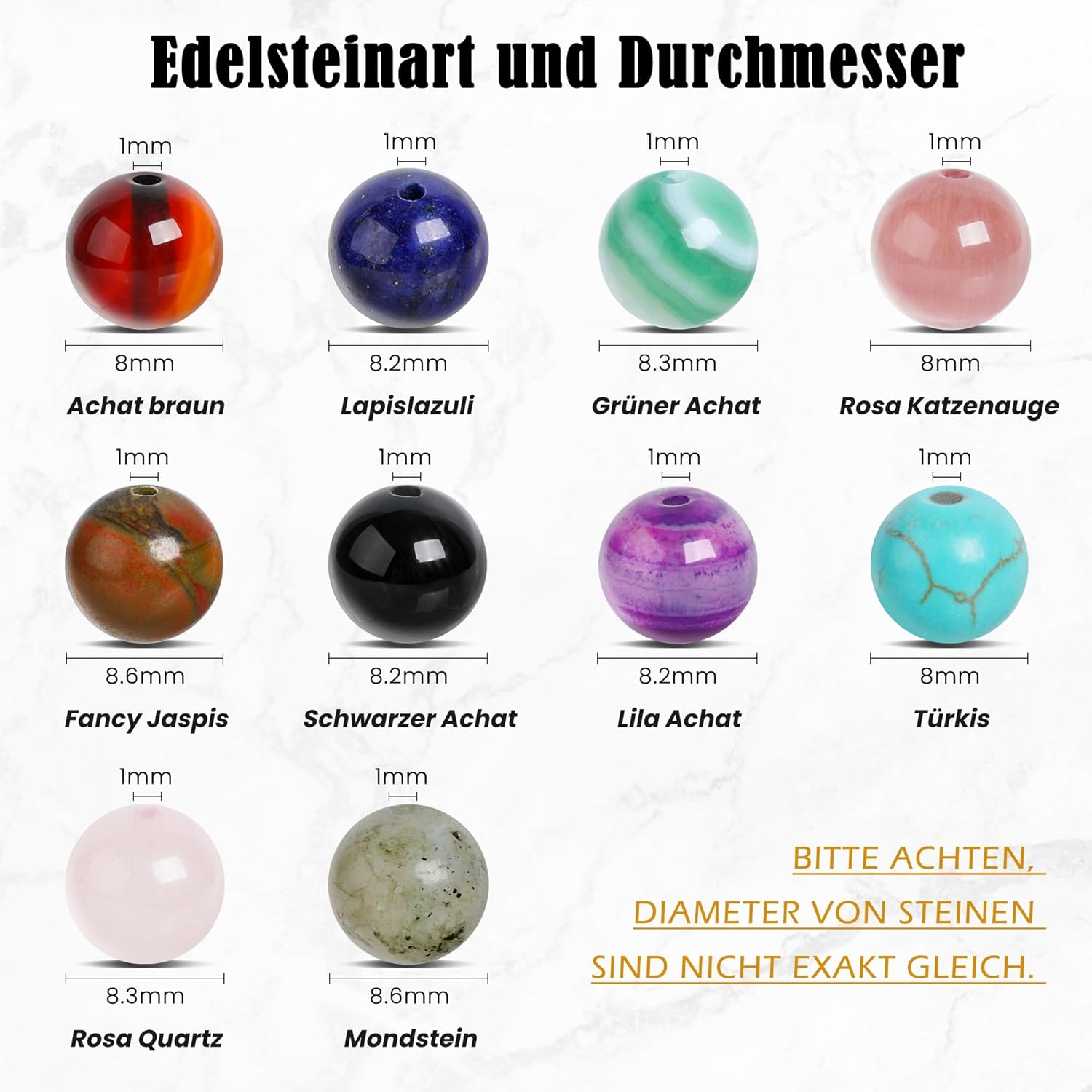 Pack of 200 Natural Gemstones Diameter 8 mm Round Beads for Bracelets Necklaces Jewellery Crafts Threading, 10 Assorted Stone Beads Gemstone Beads (Type B)