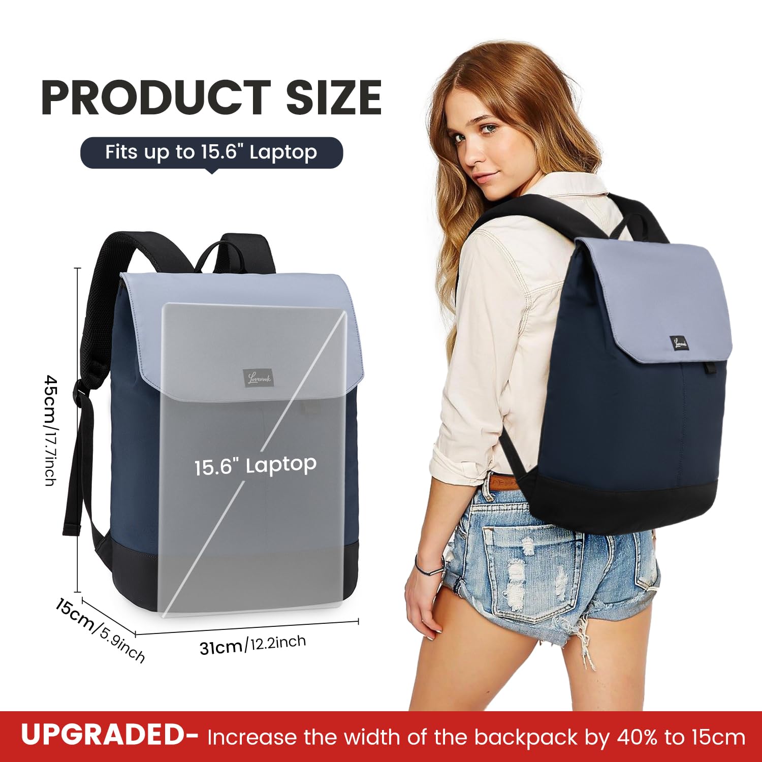 LOVEVOOK Zaino Porta PC Donna 15.6 Pollici, Grande da Viaggio e Lavoro, Impermeabile per Scuola e Università, Computer Laptop Backpack Waterproof, Antifurto Elegante Blu