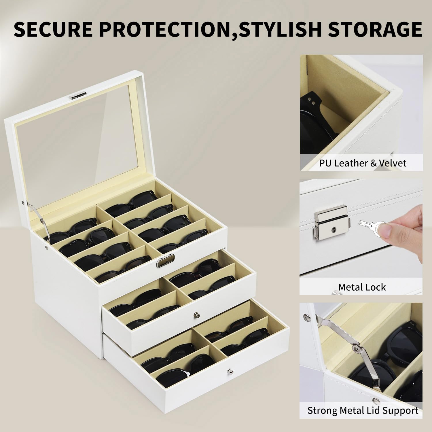 AUTOARK Organizer per occhiali da vista e da sole,in pelle,con serratura,24 pezzi,Bianco,AW-172