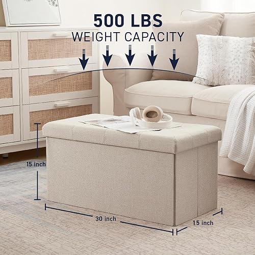 Miniatura 92 de Ornavo Home Otomana plegable de almacenamiento de 15 pulgadas, taburete cuadrado pequeño de almacenamiento, banco de dormitorio, color beige