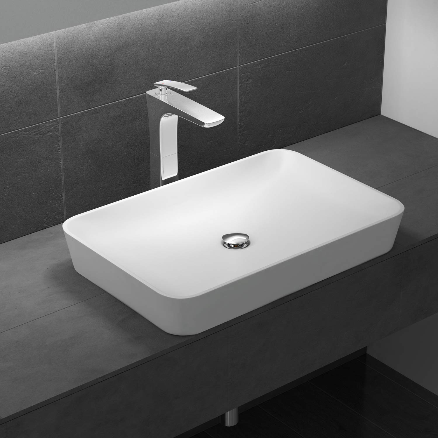 Durovin Bathrooms Luxurious Stone Resin Bathroom Basin - Countertop Rectangular Bathroom Sink - White Satin -600mm x 400mm