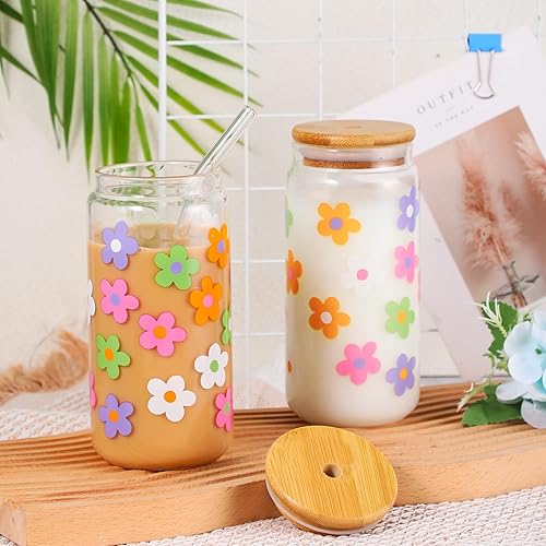 Miniatura 4 de Cunhill 2 juegos de regalos estéticos de margaritas, taza de café helado, bonitas tazas de vidrio con tapas y pajitas, tazas lindas, taza de flores,