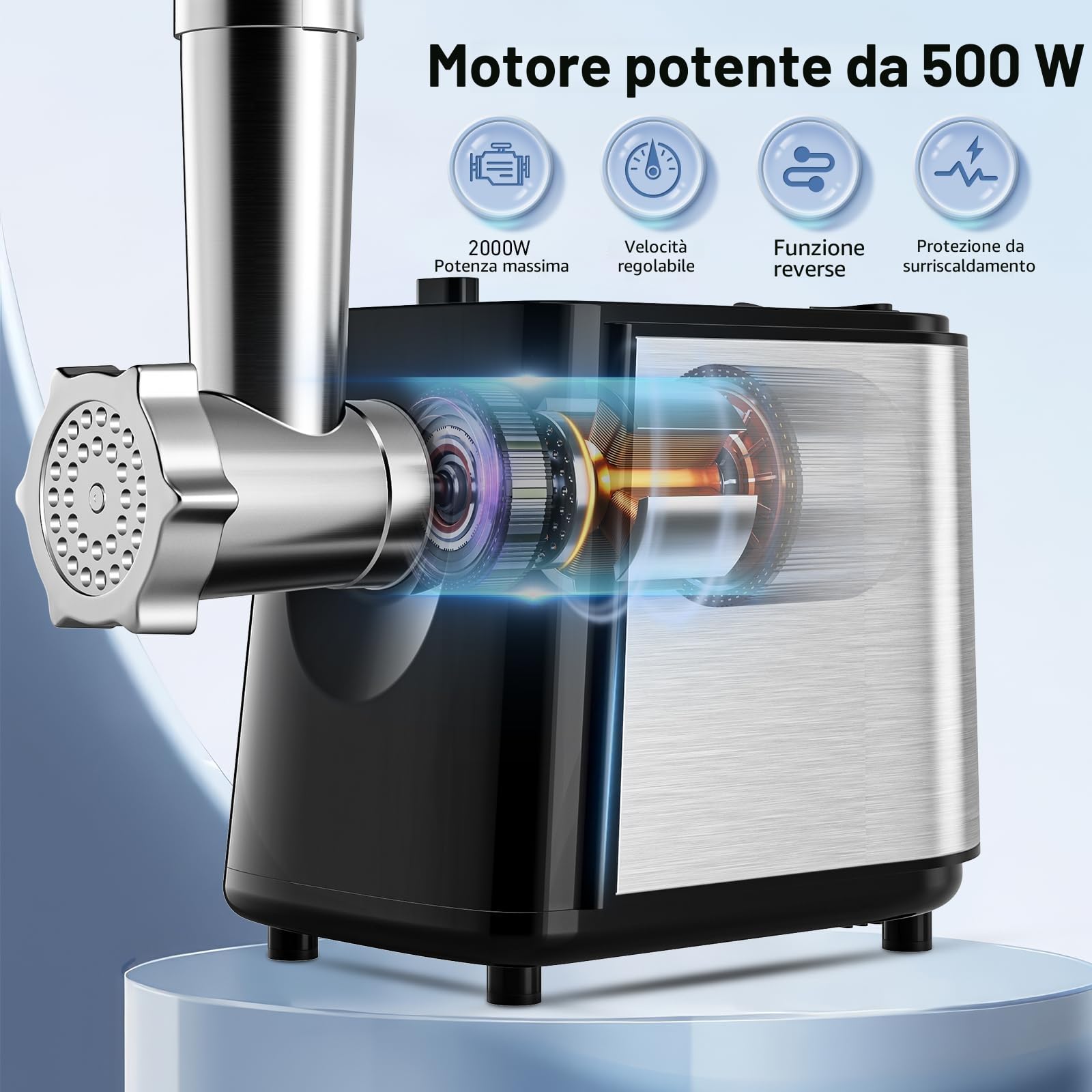 Tritacarne elettrico da 2000 W 5 in 1 - Insaccatrice professionale, tritatutto per verdure, grattugia per insalata e formaggio con 8 accessori, materiale di qualità alimentare per la cucina di casa