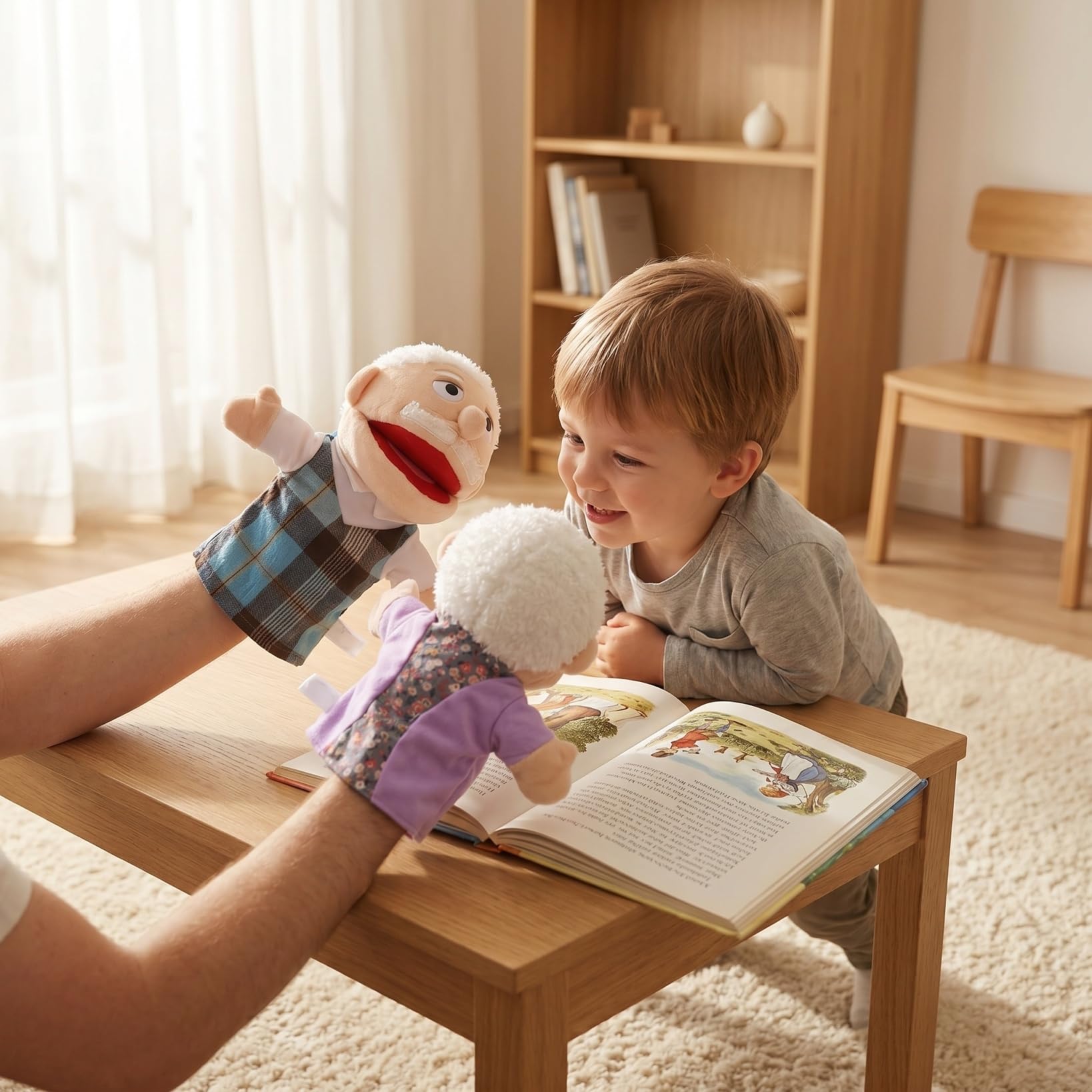 Toyvian Muñeca de mano de 2 personajes, narración de historias, juguete marionetas de dedo con historia de muñecas, juguete para abuela y abuelo, ropa de bebé para niños, guantes de algodón pp, manual