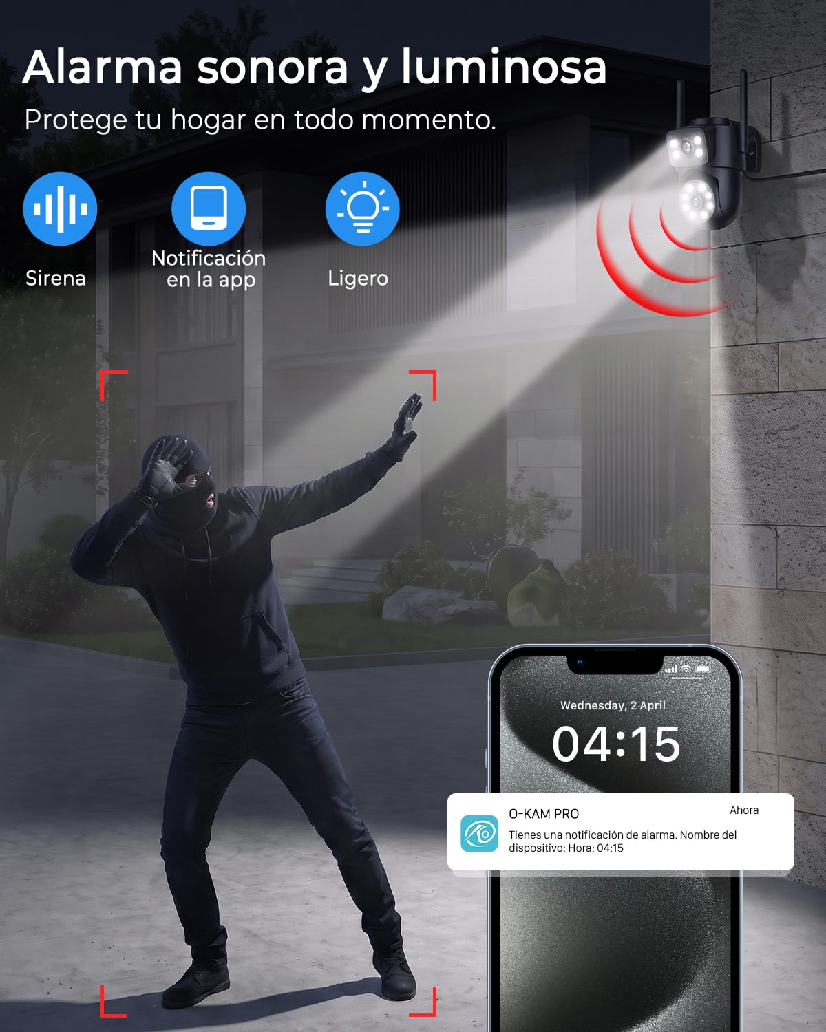 Reobiux 2K PTZ IP Camara Vigilancia WiFi Exterior con Doble Lente, 1 Pack | Seguimiento Automático, Visión Nocturna Color, Audio Bidireccional, Grabación Local, Impermeable IP66, Tecnología PTZ