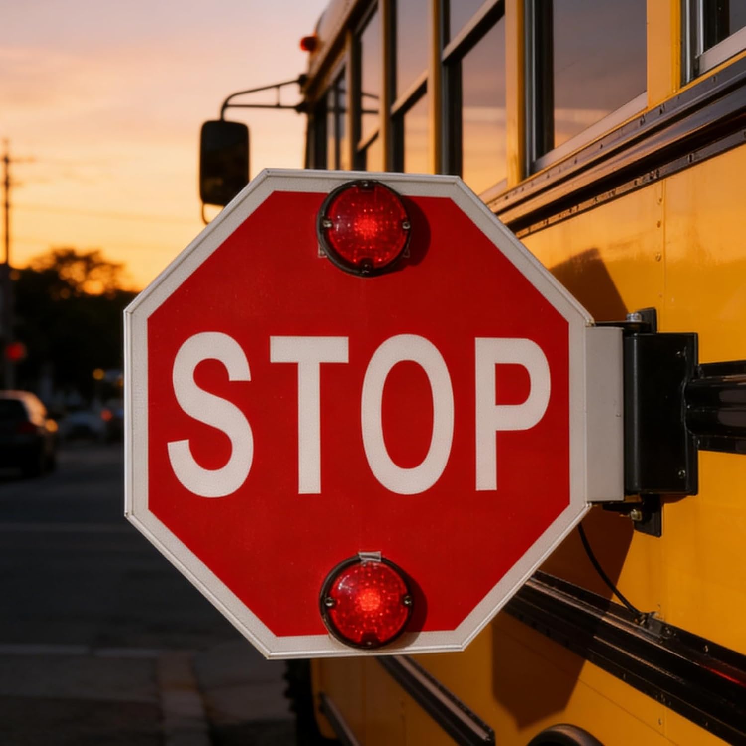 Electronic School Bus Stop Sign with Flashing LED Lights, 18in Aluminum Safety Signal Arm, Traffic Warning Device (12V) for Enhanced Visibility and Compliance