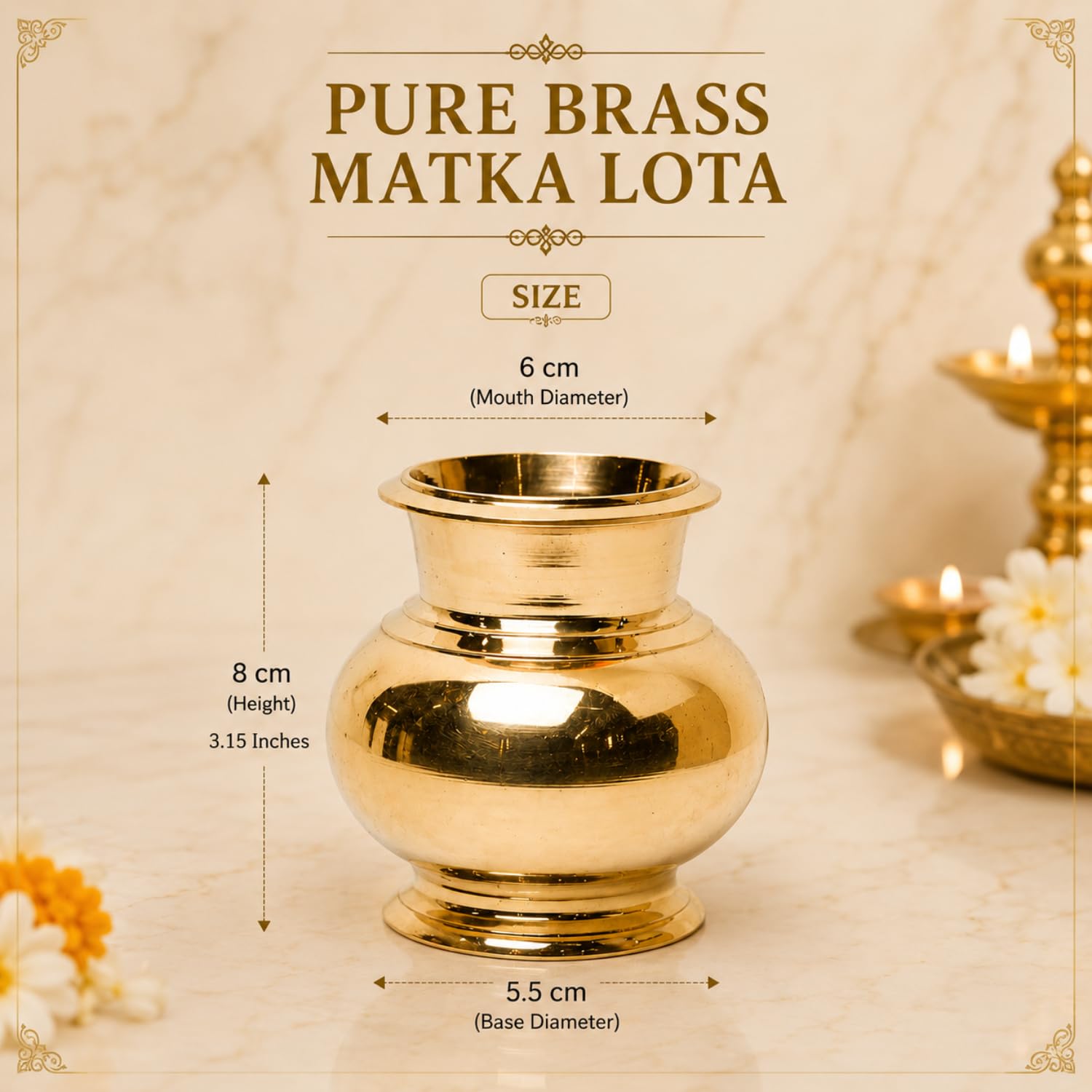 Bhimonee Decor | Pure Brass Matka Design Lota | Traditional Lutiya Kalash for Pooja & Rituals | 3.15-Inch Heavy Brass Water Pot | 250 gm Handcrafted Puja Vessel | 3