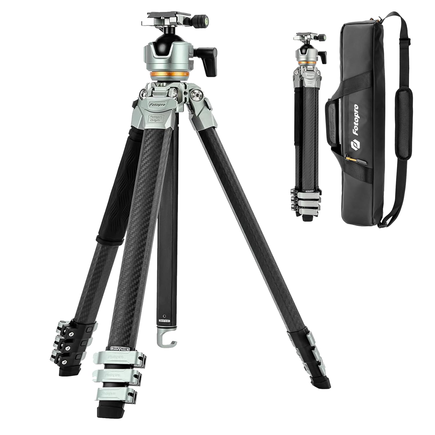 Fotopro Compact Travel Camera Tripod, 60" Lightweight Carbon Fiber Tripod Stand, Diamond-Shaped Legs, Large Ball Head, Arca-Swiss QR Plate for DSLR Video Photography, Waterproof Bag, 33lb Load, Origin